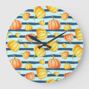 Grande Horloge Ronde Citrouille orange : décor à rayures aquarelles.