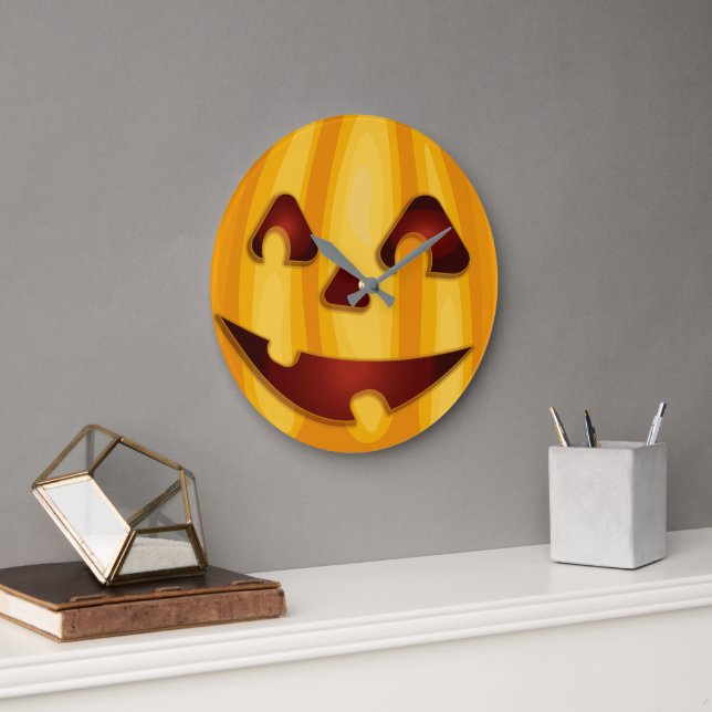 Grande Horloge Ronde Citrouille sculpté souriant design Halloween (Bureau)