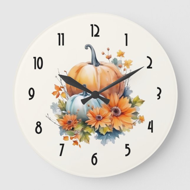 Grande Horloge Ronde Citrouilles d'automne avec Fleurs et Foliage (Recto)