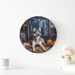 Grande Horloge Ronde Citrouilles Épouvantables Halloween Husky Sibérien