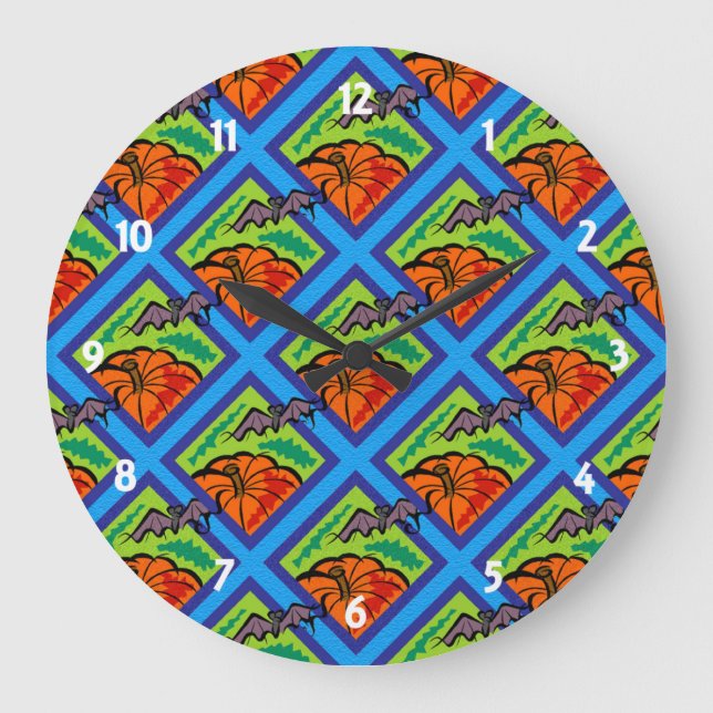 Grande Horloge Ronde Citrouilles et chauves-souris en Motif de vert/ble (Recto)