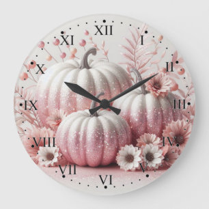 Grande Horloge Ronde Citrouilles roses et fleurs avec chiffres romains 