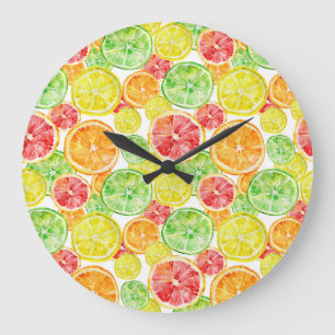 Grande Horloge Ronde Citrus : aquarelle à trois couleurs vibrantes