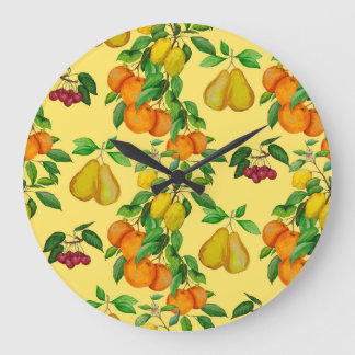Grande Horloge Ronde Citrus, poire, cerise : aquarelle.