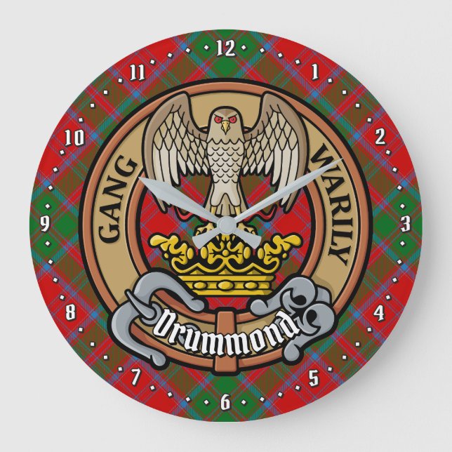 Grande Horloge Ronde Clan Drummond Crest sur Tartan (Recto)