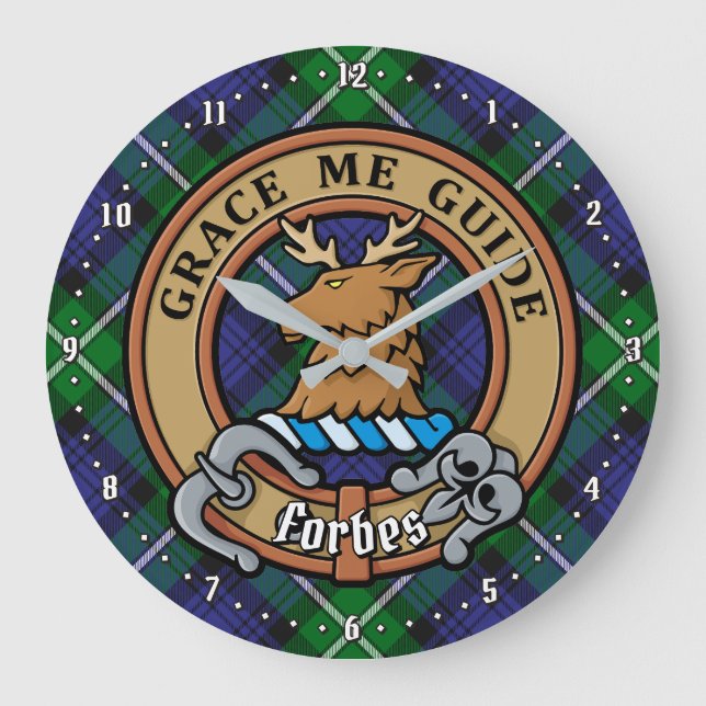 Grande Horloge Ronde Clan Forbes Crest sur Tartan (Recto)