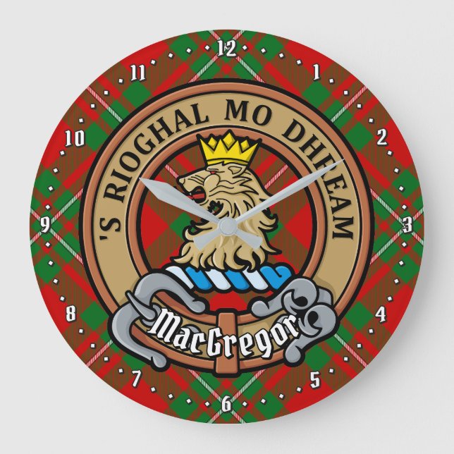 Grande Horloge Ronde Clan Gregor Crest sur Tartan (Recto)