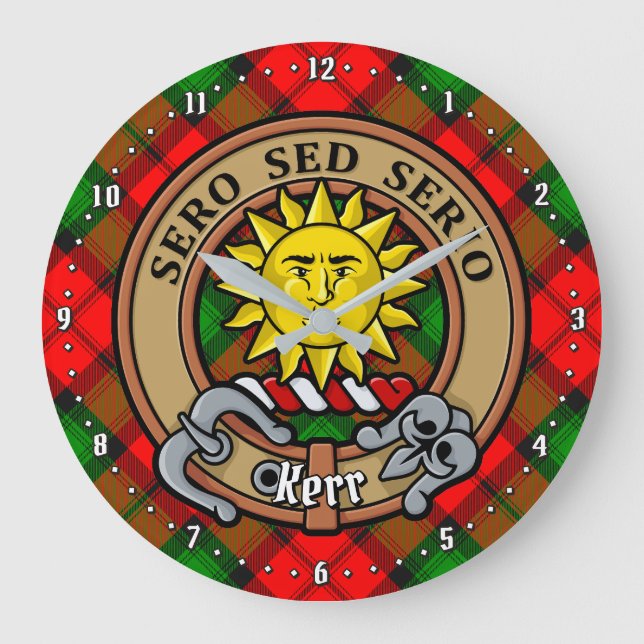 Grande Horloge Ronde Clan Kerr Crest sur Tartan (Recto)