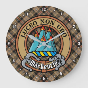 Grande Horloge Ronde Clan MacKenzie Crest sur Tartan de chasse Brown