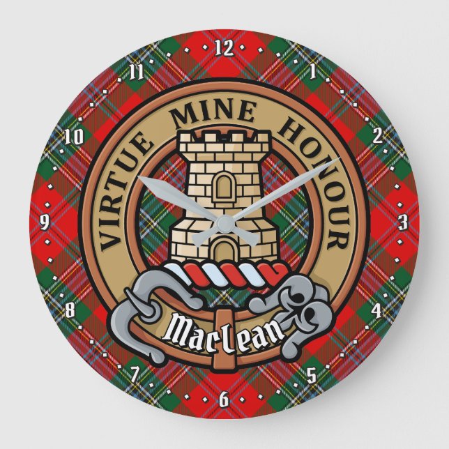 Grande Horloge Ronde Clan MacLean Crest sur Tartan (Recto)