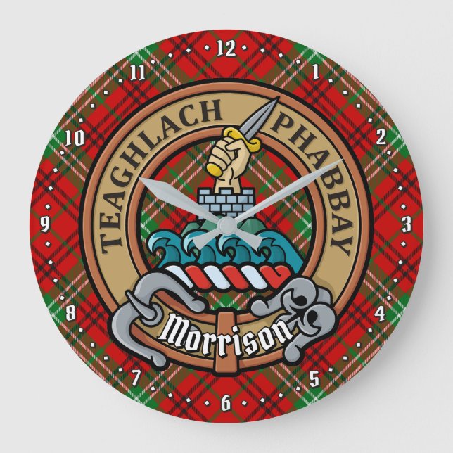 Grande Horloge Ronde Clan Morrison Crest sur Red Tartan (Recto)
