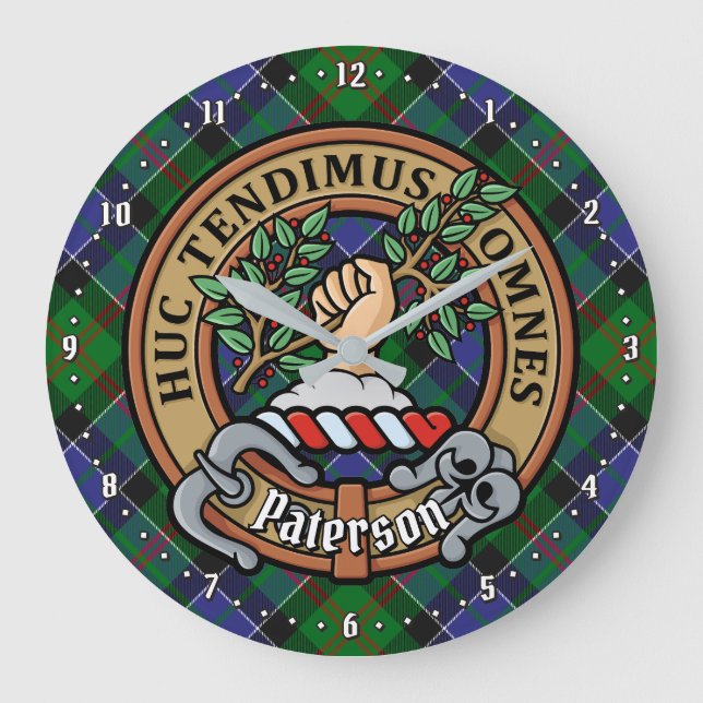 Grande Horloge Ronde Clan Paterson Crest sur Tartan (Recto)