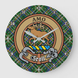 Grande Horloge Ronde Clan Scott Crest sur Green Tartan