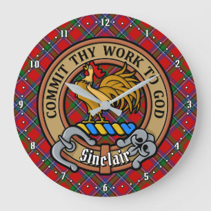 Grande Horloge Ronde Clan Sinclair Crest sur Red Tartan