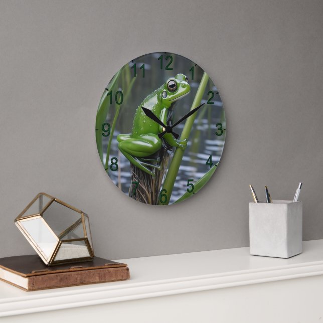 Grande Horloge Ronde "Clarté cristalline : Grenouille verte en verre su (Bureau)
