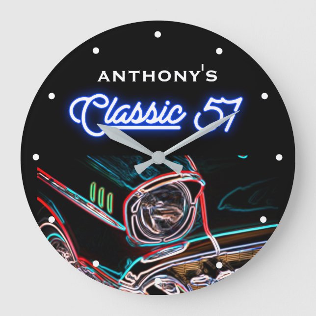 Grande Horloge Ronde Classic 57 1957 Chevy Neon Effect Voiture Noir Rét (Recto)