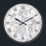 Grande Horloge Ronde Classic White and Black Floral Toile<br><div class="desc">Classic flore al design featuring delicate black outlines of roses and tulips on a transparent background. (White used in sample) Roman coordinating numerals,  black outer border and white opaque band.</div>