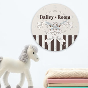 Grande Horloge Ronde Classique Moderne Stripe Cute Twin Bunny Enfants