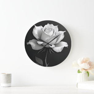 Grande Horloge Ronde Classique noir avec motif de rose blanche