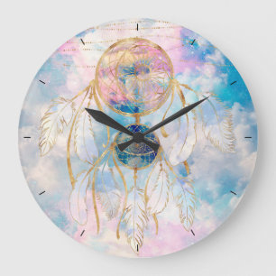 Grande Horloge Ronde Classy Gold Dreamcatcher Rainbow Clouds Sky design