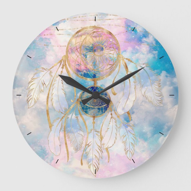 Grande Horloge Ronde Classy Gold Dreamcatcher Rainbow Clouds Sky design (Recto)