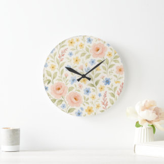 Grande Horloge Ronde Classy Shabby Chic Floral Motif