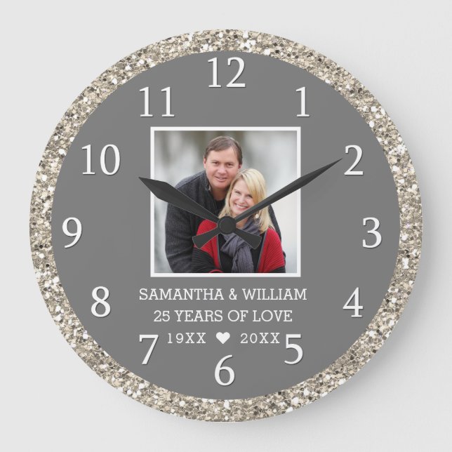 Grande Horloge Ronde Classy Silver Glitter 25e Anniversaire Photo (Recto)