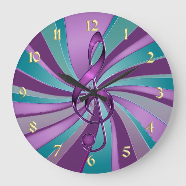 Grande Horloge Ronde Clé murale turquoise et violet de musique à balaya (Recto)