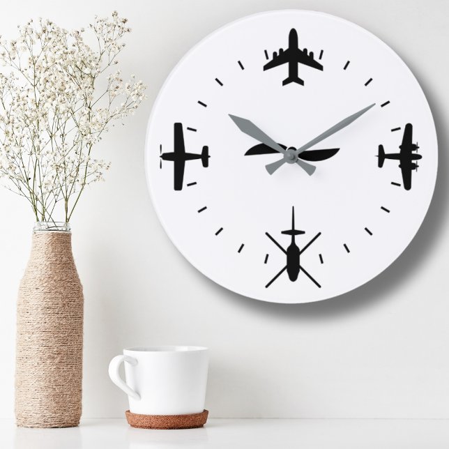 Grande Horloge Ronde Clock Face with Airplane icons Cool Pilot Aviation (Créateur téléchargé)