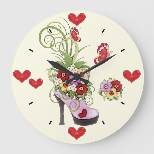 Grande Horloge Ronde Clock High Heel, Flowers, Hearts and Butterflies (Recto)