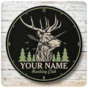 Grande Horloge Ronde Club de chasse personnalisé Hunter Deer Elk Antler