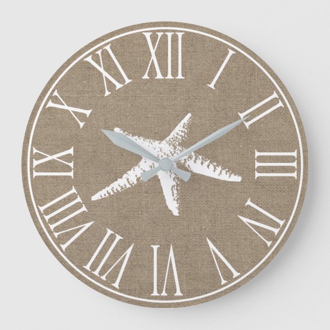 Grande Horloge Ronde Coastal Elegant Faux Burlap & White Starfish (Recto)
