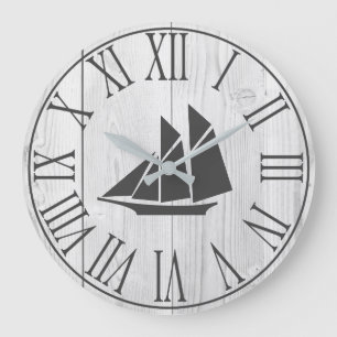Grande Horloge Ronde Coastal Faux White Wood & Sailboat Silhouette