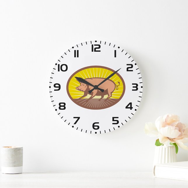 Grande Horloge Ronde Cochon de ferme rétro avec Sunburst (Créateur téléchargé)