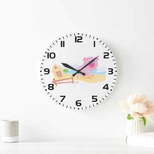 Grande Horloge Ronde Cochon de ferme rose