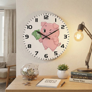 Grande Horloge Ronde Cochon Rose Tenant de l'Argent Faisant un Pouce en