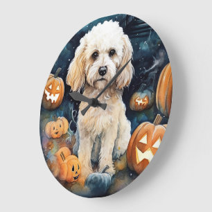 Grande Horloge Ronde Cockapoo d'Halloween avec citrouilles effrayant 