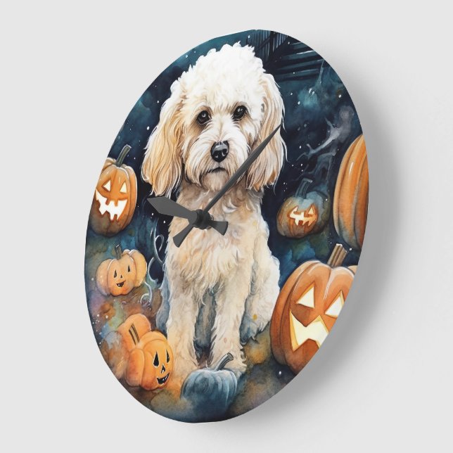 Grande Horloge Ronde Cockapoo d'Halloween avec citrouilles effrayant  (Angle)