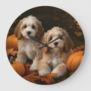 Grande Horloge Ronde Cockapoo Puppy Citrouille d'automne
