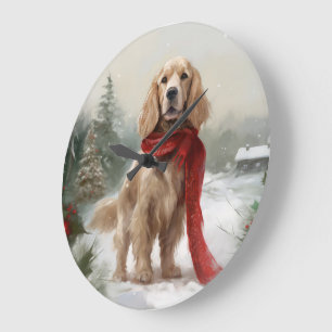 Grande Horloge Ronde Cocker Spaniel Chien dans Noël de neige