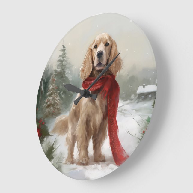 Grande Horloge Ronde Cocker Spaniel Chien dans Noël de neige (Angle)