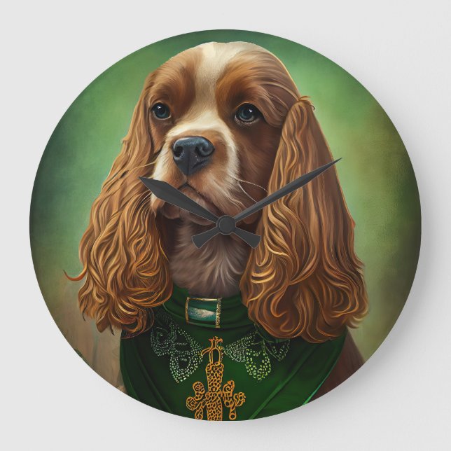 Grande Horloge Ronde Cocker Spaniel Chien en robe de fête St. Patrick (Recto)