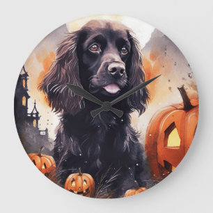 Grande Horloge Ronde Cocker Spaniel Halloween avec citrouilles