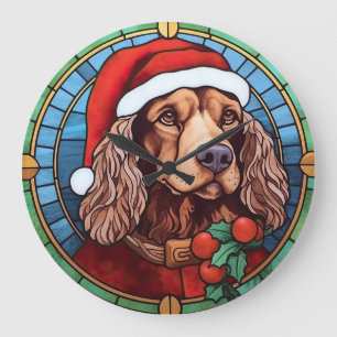 Grande Horloge Ronde Cocker Spaniel Vitrail Noël