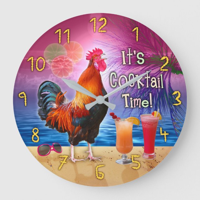 Grande Horloge Ronde Cocktail Drôle De Poulet De Coq Temps Plage Tropic (Recto)