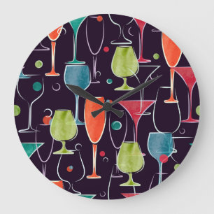 Grande Horloge Ronde Cocktails d'aquarelle, motif vintage coloré.