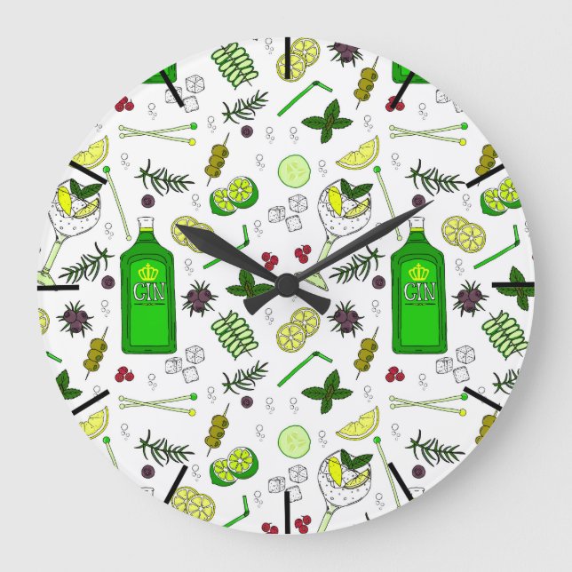 Grande Horloge Ronde Cocktails Gin tendance Imprimer Bar Cocktail Motif (Recto)