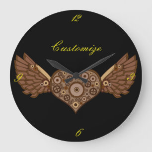 Grande Horloge Ronde Coeur ailé en vapeur avec les engrenages Thunder_