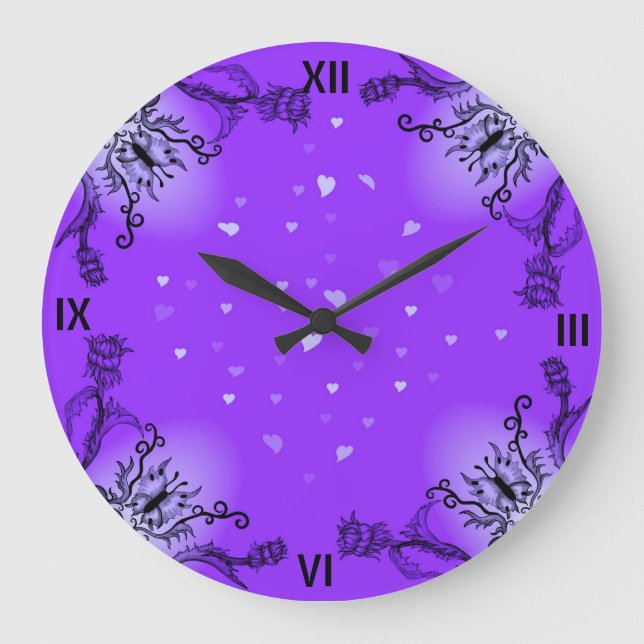 Grande Horloge Ronde Coeur avec Fleur et Papillon (Recto)