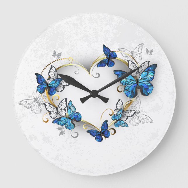 Grande Horloge Ronde Coeur bijoux avec papillons Morpho (Recto)